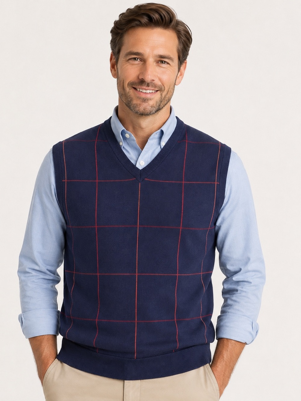 Lyle & Scott Scotland Windowpane Men’s Sweater Vest Cotton V-Neck Large Golf